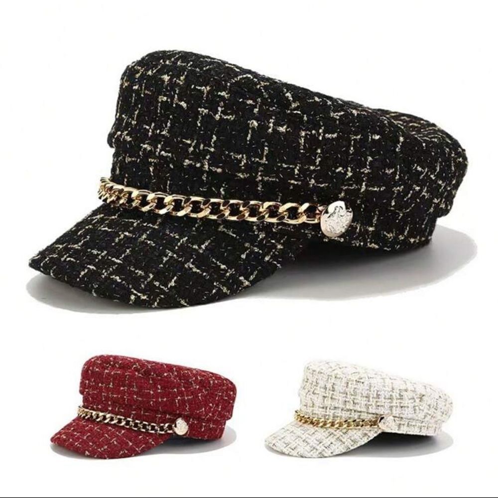 Women’s Tweed Chain Newsboy Cap – Chic & Elegant - Picture 4 of 9